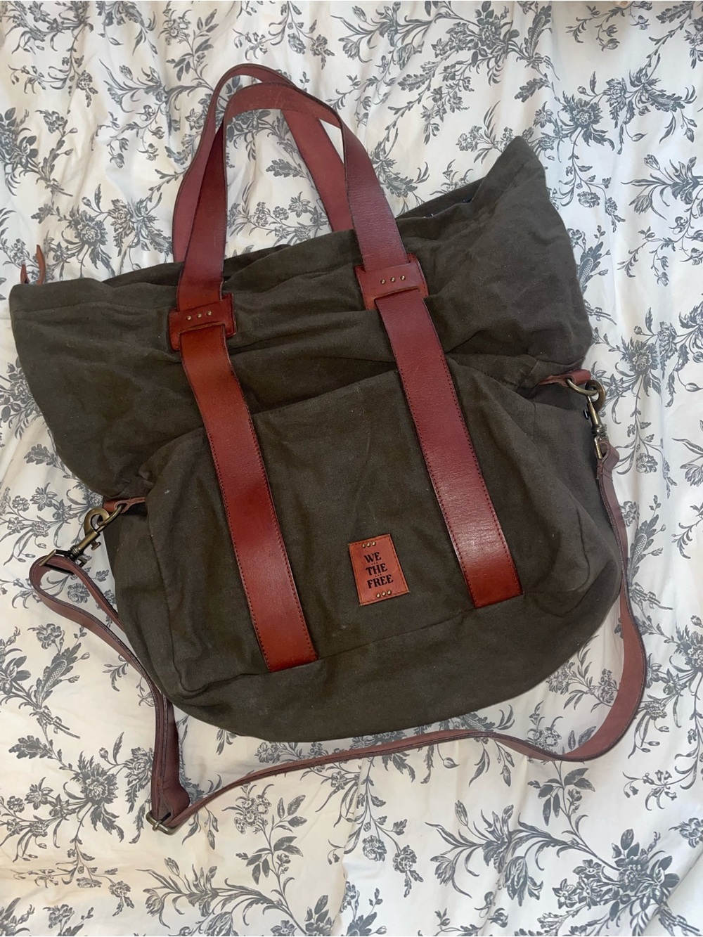 We The Free Olive Canvas Messenger Tote with Brown Leather Straps